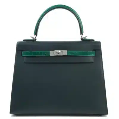 Hermès 2023 Kelly 25 Vert Emeraude and Vert Cypress Madame & Shiny Niloticus Crocodile Palladium Hardware Lushentic Replica