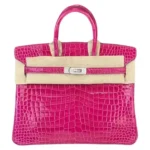 Hermès Rare Collectible Birkin 25 Fuchsia And White Shiny Porosus Crocodile Diamond Encrusted 18k White Gold Replica luxury handbag