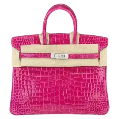 Hermès Rare Collectible Birkin 25 Fuchsia And White Shiny Porosus Crocodile Diamond Encrusted 18k White Gold