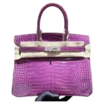 Hermès Rare Collectible Birkin 30 Purple Violet Shiny Porosus Crocodile Diamond Encrusted 18k White Gold Hardware