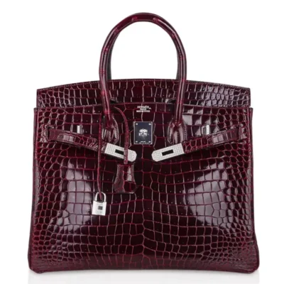 Hermès Rare Collectible Birkin 35 Bordeaux Shiny Porosus Crocodile Diamond Encrusted 18k White Gold Hardware