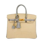 Hermès HSS Birkin 25 Vanille and Gris Pearl Matte Alligator Mississippiensis Brushed Gold Hardware