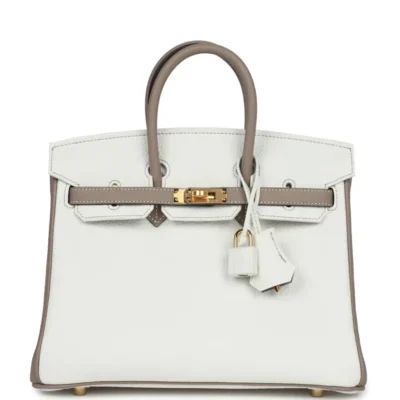 Hermès HSS Birkin 25 White and Gris Tourterelle Clemence Gold Hardware