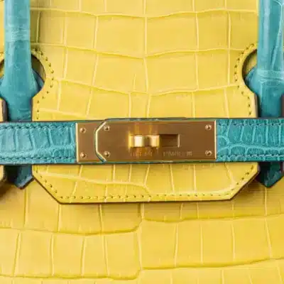 Hermès HSS Birkin 30 Mimosa And Bleu Paon Matte Porosus Crocodile Brushed Gold Hardware Luxury replica handbag