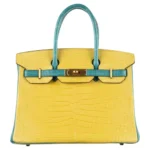 Hermès HSS Birkin 30 Mimosa And Bleu Paon Matte Porosus Crocodile Brushed Gold Hardware Luxury replica handbag