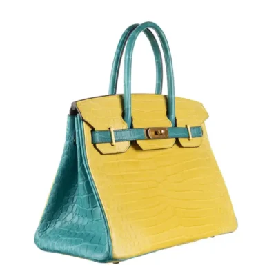 Hermès HSS Birkin 30 Mimosa And Bleu Paon Matte Porosus Crocodile Brushed Gold Hardware Luxury replica handbag