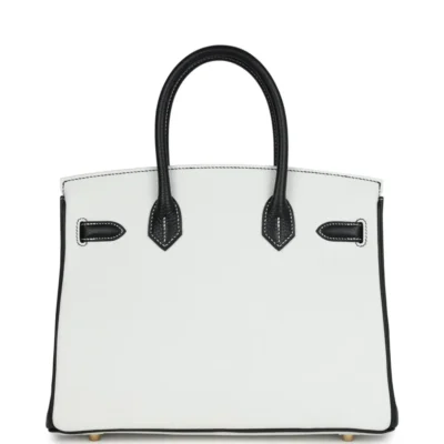 Hermès HSS Birkin 30 White and Black Clemence Brushed Gold Hardware