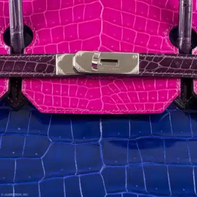 Hermès HSS 2012 Birkin 30 Rose Scheherazade/Royal Blue/Violet Shiny Porosus Crocodile Palladium Hardware Quality Rep