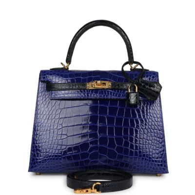 Hermès HSS Kelly 25 Sellier Bleu Electric and Bleu Marine Shiny Alligator Mississippiensis Gold Hardware