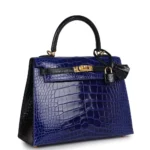 Hermès HSS Kelly 25 Sellier Bleu Electric and Bleu Marine Shiny Alligator Mississippiensis Gold Hardware