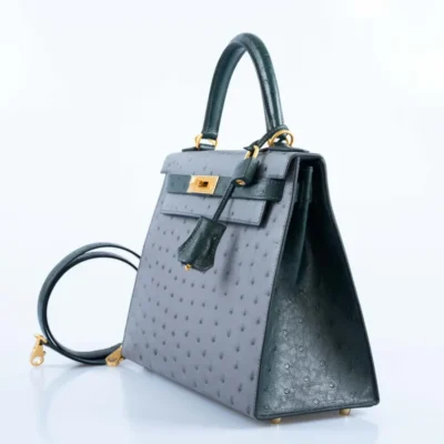 Hermès HSS Kelly 28 Sellier Gris Agate and Vert Titien Ostrich Brushed Gold Hardware