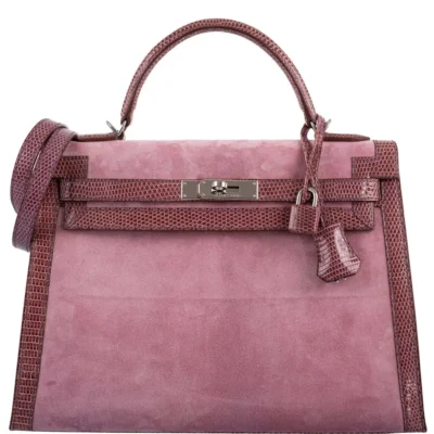 Hermès Kelly 32 Sellier Mauve/Rose Indienne Doblis Suede & Niloticus Lizard Palladium Hardware