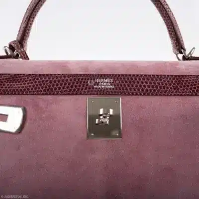 Hermès Kelly 32 Sellier Mauve/Rose Indienne Doblis Suede & Niloticus Lizard Palladium Hardware High-quality replica