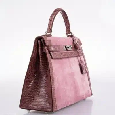 Hermès Kelly 32 Sellier Mauve/Rose Indienne Doblis Suede & Niloticus Lizard Palladium Hardware High-quality replica