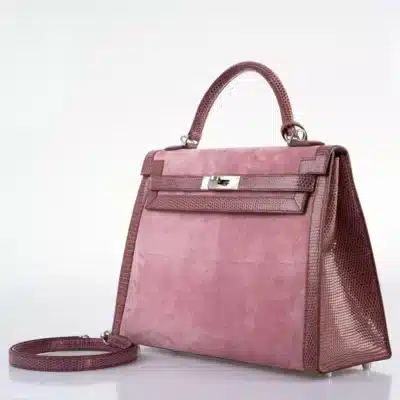 Hermès Kelly 32 Sellier Mauve/Rose Indienne Doblis Suede & Niloticus Lizard Palladium Hardware High-quality replica