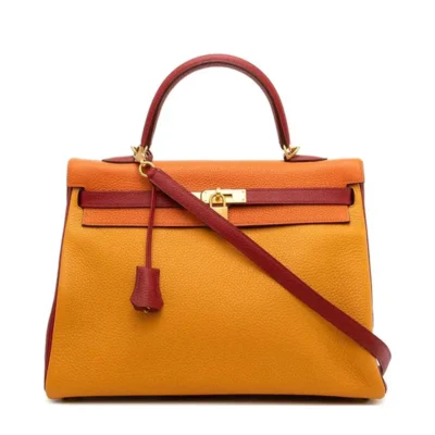 Hermès HSS Kelly 35 Orange/Yellow/Burgundy Togo Brushed Permabrass Hardware Luxury replica handbag