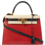 Hermès HSS Vintage 1994 Kelly 32 Sellier Rouge Vif/Parchemin/Bleu Marine Box Calf Gold Hardware