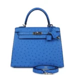 Hermès Kelly 25 Sellier Bleuet Ostrich Palladium Hardware Lushentic replica handbags