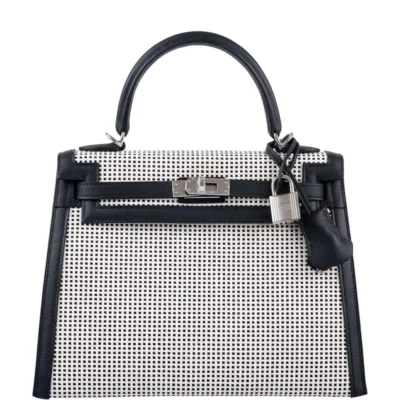 Hermès HSS Kelly 25 Sellier Quadrille Black and White Viking Toile & Swift Palladium Hardware