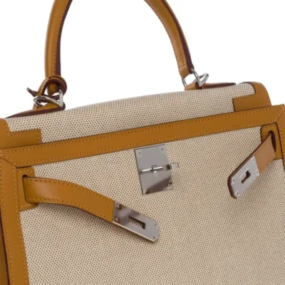 Hermès HSS Kelly 28 Sellier Beige Canvas & Gold Swift Silver Hardware