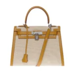 Hermès HSS Kelly 28 Sellier Beige Canvas & Gold Swift Silver Hardware