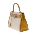 Hermès HSS Kelly 28 Sellier Beige Canvas & Gold Swift Silver Hardware