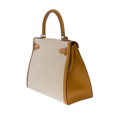 Hermès HSS Kelly 28 Sellier Beige Canvas & Gold Swift Silver Hardware