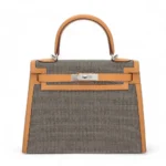 Hermès HSS Kelly 28 Sellier Sesame/Black/White Toile Quadrille & Swift Palladium Hardware Lushentic Grade Bags