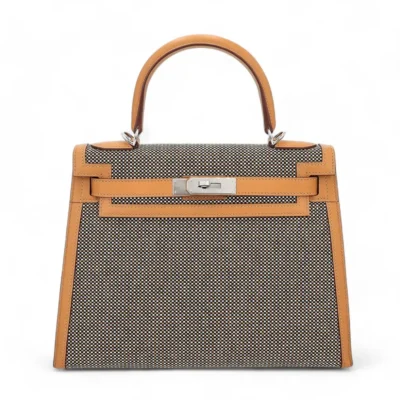 Hermès HSS Kelly 28 Sellier Sesame/Black/White Toile Quadrille & Swift Palladium Hardware