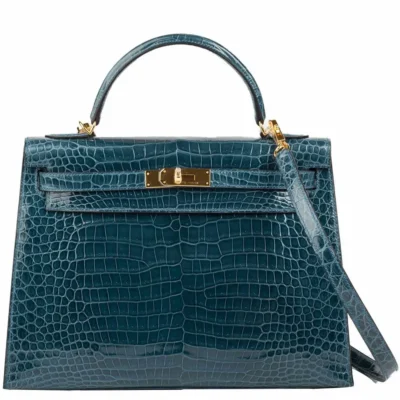 Hermès Kelly 32 Sellier Blue Roi Shiny Porosus Crocodile Gold Hardware