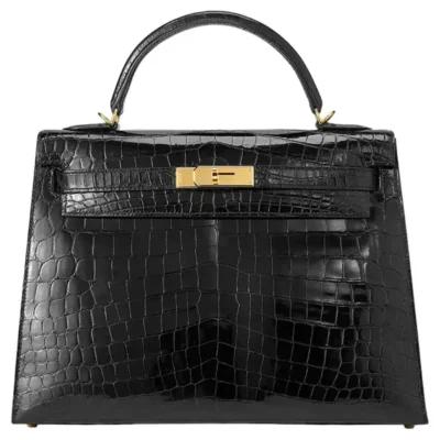 Hermès Kelly 32 Sellier Noir Black Shiny Niloticus Crocodile Gold Hardware