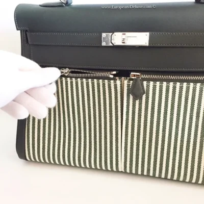 Hermès Kelly 35 Lakis Vert Fonce Toile & Swift Palladium Hardware