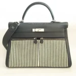 Hermès Kelly 35 Lakis Vert Fonce Toile & Swift Palladium Hardware