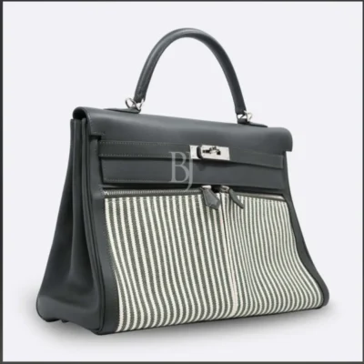 Hermès HSS Kelly 35 Lakis Vert Fonce Toile & Swift Palladium Hardware Handmade replica bags