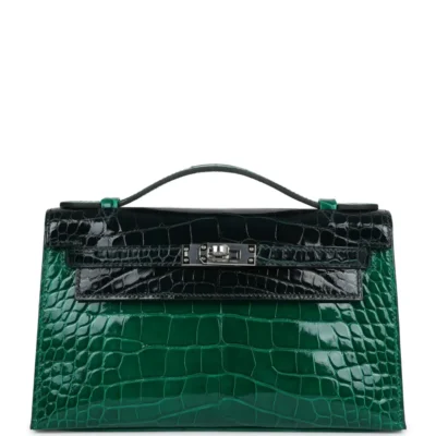 Hermès Kelly Pochette Emerald and Vert Rousseau Shiny Alligator Mississippiensis Palladium Hardware