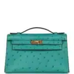 Hermès Kelly Pochette Vert Verone Ostrich Gold Hardware replica handbags online