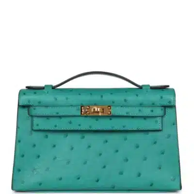 Hermès Kelly Pochette Vert Verone Ostrich Gold Hardware replica handbags online