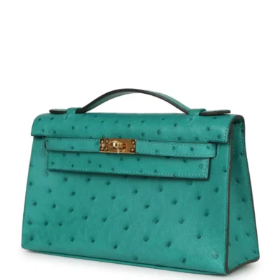 Hermès Kelly Pochette Vert Verone Ostrich Gold Hardware replica handbags online