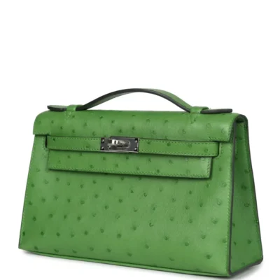 Hermès Kelly Pochette Vert Yucca Ostrich Palladium Hardware Replica Bags