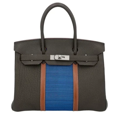 Hermès Limited Edition 2013 Birkin 30 Vert Bronze/Fauve/Blue Thalassa Fjord leather and Ottomane Palladium Hardware