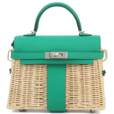 Hermès Limited Edition 2023 Mini Kelly Picnic Vert Verone Swift & Osier Wicker Palladium Hardware