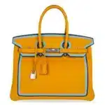 Hermès Limited Edition Birkin 35 Jaune Ambre/Blue Indigo/Blue Celeste Togo Palladium Hardware