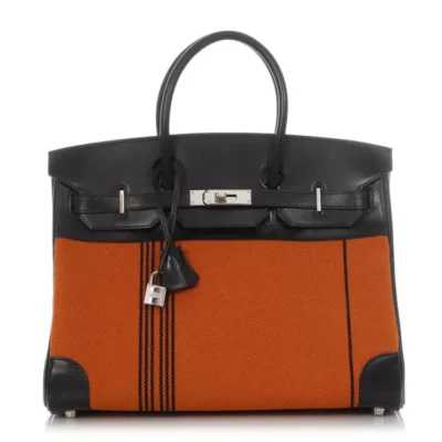 Hermès Limited Edition Birkin 35 Orange/Black Box Calfskin & Toile Potamus Palladium Hardware