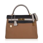 Hermès Limited Edition Kelly 32 Tri-Color Bag Tabac Camel/Ebene/Parchemin Clemence Brushed Gold Hardware Replica Designer Bags