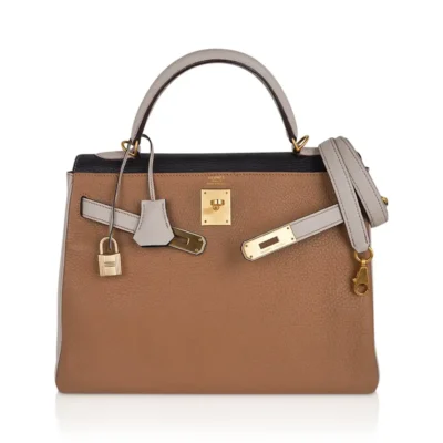 Hermès Limited Edition Kelly 32 Tri-Color Bag Tabac Camel/Ebene/Parchemin Clemence Brushed Gold Hardware