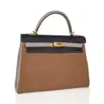 Hermès Limited Edition Kelly 32 Tri-Color Bag Tabac Camel/Ebene/Parchemin Clemence Brushed Gold Hardware Replica Designer Bags