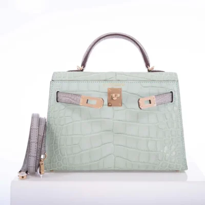 Hermès Mini Kelly 20 II Sellier Vert D_eau Gris Perle Matte Alligator Missipensis front2