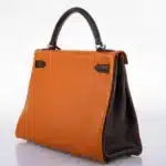 Hermès Rare Collectible 2006 Kelly 32 Retourne Orange H/Rouge Vif/Ebene Togo J Square Ruthenium Hardware