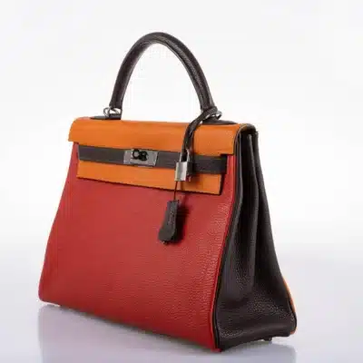 Hermès Rare Collectible 2006 Kelly 32 Retourne Orange H/Rouge Vif/Ebene Togo J Square Ruthenium Hardware