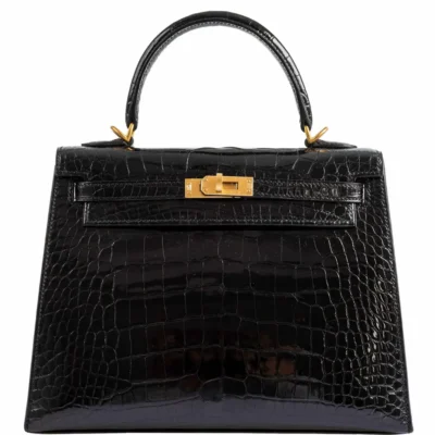 Hermès Rare Collectible 2019 Kelly 25 Sellier Black Shiny Alligator Mississippiensis Brushed Gold Hardware